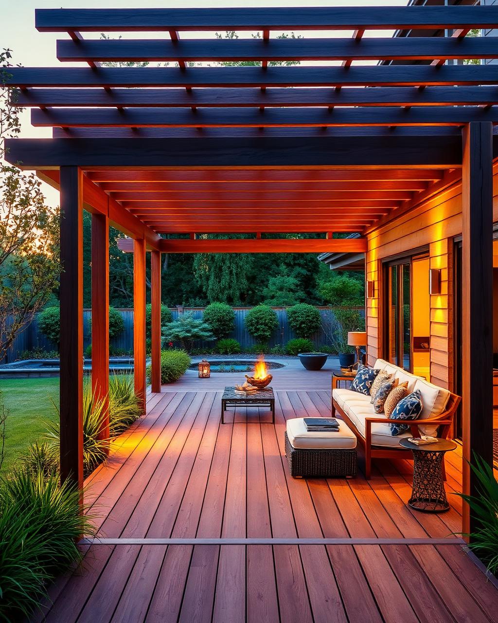 Premium pergola and timber deck at golden hour with fire feature